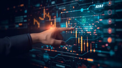 Fototapeta premium Executive analyzing progressive financial trends on futuristic metaverse interface with dynamic investment charts and digital economic indicators