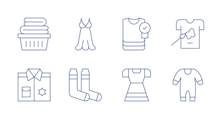 Clothing icons. Editable stroke. Containing laundrybasket, policeuniform, nightgown, wintersocks, clothes, babyclothing, tshirt.