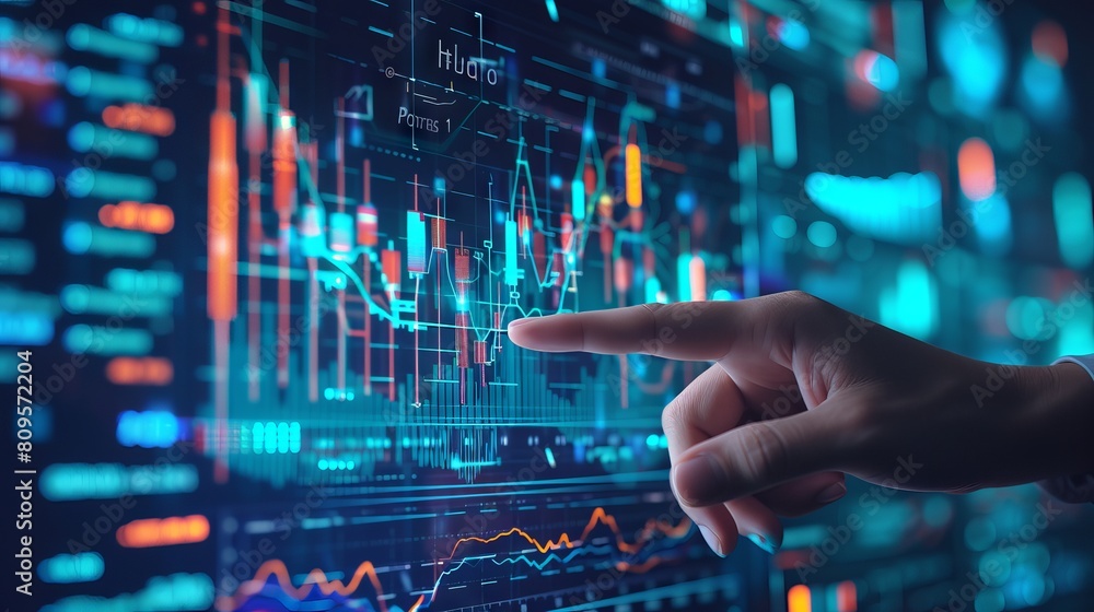 Poster executive analyzing progressive financial trends on futuristic metaverse interface with dynamic inve