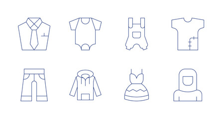 Clothing icons. Editable stroke. Containing trousers, suit, hoodie, babybody, clothes, babyclothing, protectiveequipment, tshirt.