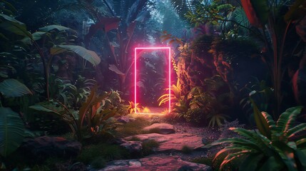 Obraz premium Neon portal doorway in lush jungle, cinematic sci-fi landscape with glowing pink frame, mystical night path concept art