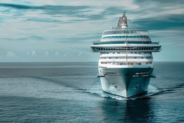 Naklejka premium White Cruise Ship in Sea, Large Ocean Liner, Cruise Boat, Voyage Trip Symbol