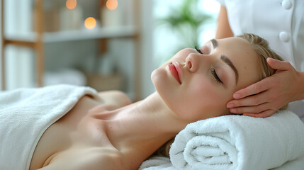 Young woman relaxing during spa massage treatment and lying on a spa bed.