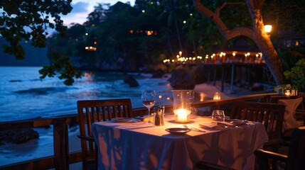 scenic coastal dining area with wooden chairs, a transparent background, and lit candles overlooking calm blue waters and a tree