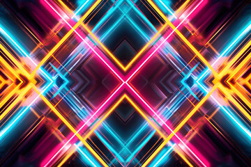 Vibrant neon lines intersecting in mesmerizing geometric pattern. Abstract art on black background.