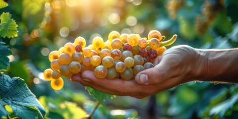Hand Picking Fresh Grapes in Vineyard at Sunset.