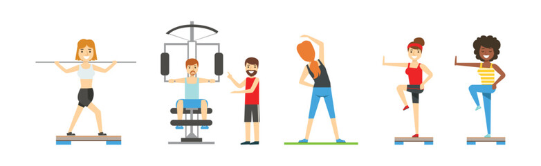 Fitness and Gym with People Character Do Workout Exercise Vector Set