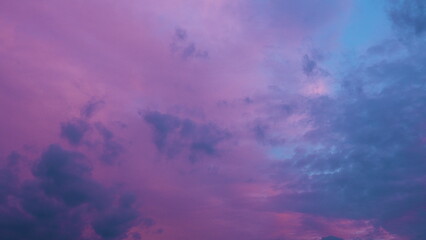 Golden Hours Sky. Light Pink Clouds In Blue Sky During Dawn Sunset. Pink And Purple Cotton Candy...
