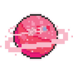 Pixel art cartoon pink planet with flying rocket