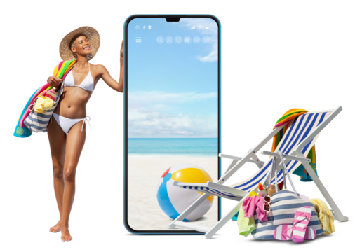Happy girl in summer beach holiday wearing bikini showing a big screen mobile phone with deckchair and sea accessories isolated in white background, online shopping or booking sea vacation travels