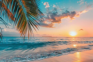 Perfect beach sunset. Beautiful tropical beach scene for background or wallpaper. Summer vacation holiday concept design and copy space with generative ai