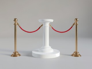 Naklejka premium A minimalist exhibition display featuring a white pedestal flanked by two brass stanchions with a luxurious red velvet rope.