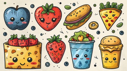 Doodle collection of colorful food and snack characters that are editable in modern format