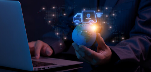 Businessman holding world global with neon line of truck car with GPS location pin pointer icon....