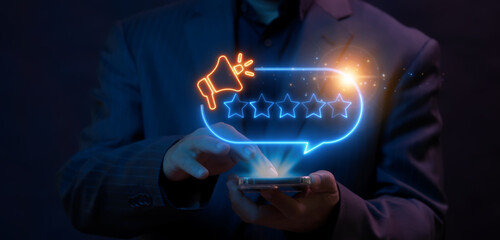 Customer service evaluation concept. businessman using smartphone to show glowing neon line of five...