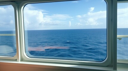 View from the ship's window of the bright blue sea and sky.