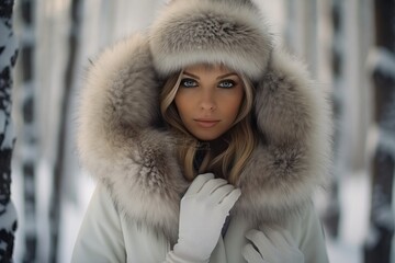 Beautiful Scandinavian woman in a fur coat with a hood on a winter snowy forest background. Luxurious warm clothes on the model.