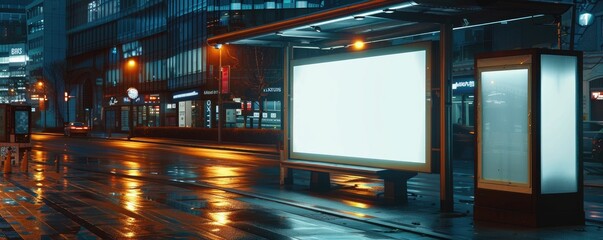 Early morning shot of a vacant billboard on a city street with rising sun illuminating the scene.