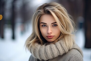 Portrait of a beautiful young white woman wearing a warm knitted sweater against a blurred background of a daytime city.