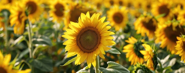 A stunning, golden hour image of a thriving sunflower field with a sunset backdrop. banner