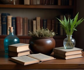 magic potions in bottles on wooden table.generative.ai 