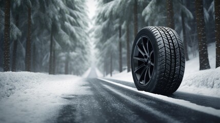 Close-up shot of a car wheel with a winter tire on a snowy road.