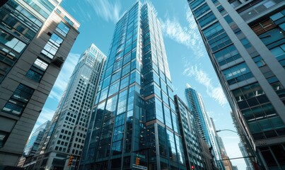 The sunset hues reflecting on the smooth glass surfaces of urban skyscrapers in a cityscape. banner