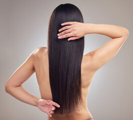Haircare, woman and back for beauty with hair treatment for natural shine with mockup space...
