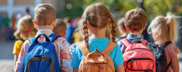 A group of young students with bright backpacks standing in a line, portraying the concept of education and friendship among schoolchildren.