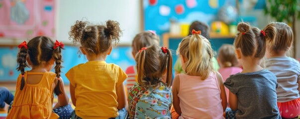 A group of young students with bright backpacks standing in a line, portraying the concept of education and friendship among schoolchildren.
