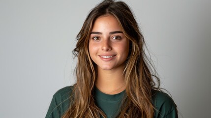 A woman with long brown hair is smiling for the camera
