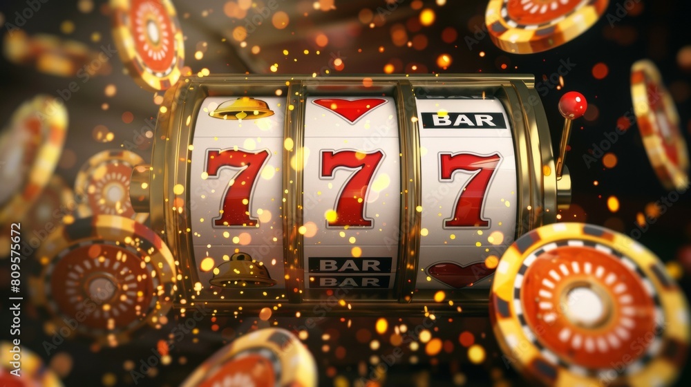 Wall mural casino slot machine with triple sevens and vibrant lights signaling a jackpot victory in a closeup s