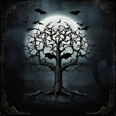 dark grunge background with spooky tree and bat