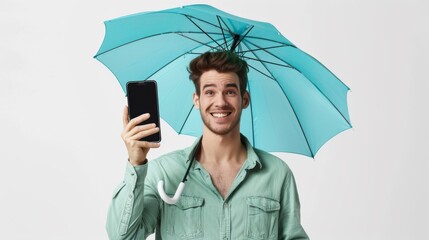 Man Smiling with Blue Umbrella