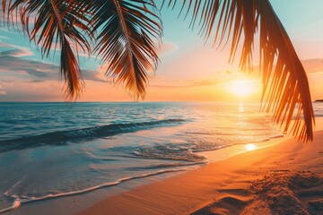 Perfect beach sunset. Beautiful tropical beach scene for background or wallpaper. Summer vacation holiday concept design and copy space with generative ai