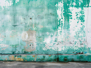 green and white color hand brush paint on old wall background with the floor. cement wall texture with copy space