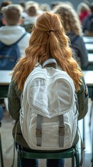 A girl with a white backpack sits in a classroom