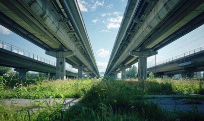 Two multi-lane highways intersect above a lush green field, depicting infrastructure and urban development.