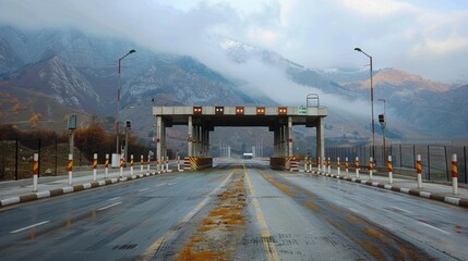 Desolate tollbooth on a rainy road with misty mountains in the distance