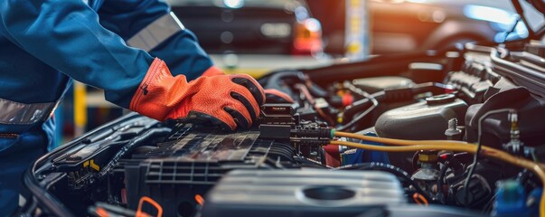 A mechanic wearing a blue uniform with gloves checks the battery of an electric vehicle, indicating automotive industry progression.