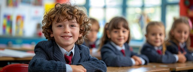 Fototapeta premium A group of children are sitting at a desk in a classroom