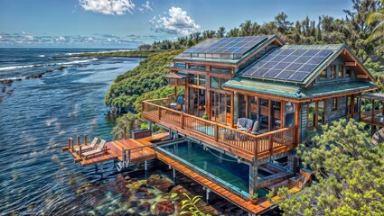 Luxurious oceanfront villa with solar panels, infinity pool, and wooden deck overlooking a pristine beach and azure waters - an eco-friendly paradise for tropical getaways.