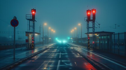 Desolate checkpoint on a foggy night with red traffic lights reflecting on the wet road