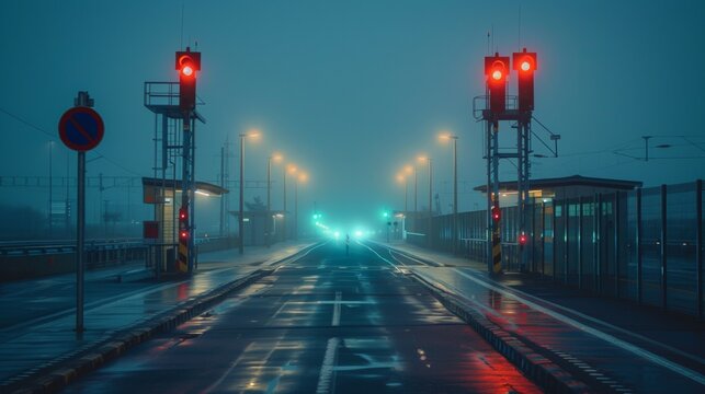 Desolate checkpoint on a foggy night with red traffic lights reflecting on the wet road - Powered by Adobe