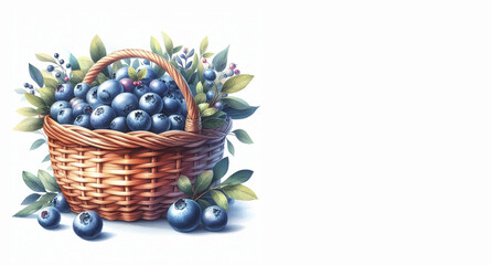 A watercolor basket with blueberries, isolated on a white background with copy space - Concept of nourishment, abundance, and harvest - Basket with forest fruit
