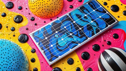 A colorful and abstract composition featuring a close-up of solar panels surrounded by candy-like shapes, creating a whimsical and imaginative visual contrast.