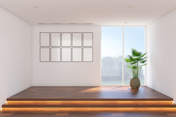 3d rendering illustration of dining space interior of japanese style. Empty room with plant and frame mock up. Wood parquet floor stage, wood panel and white ceiling. Set 1