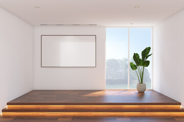 3d rendering illustration of dining space interior of japanese style. Empty room with plant and frame mock up. Wood parquet floor stage, wood panel and white ceiling. Set 2