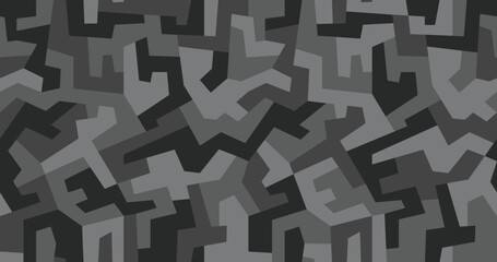 Geometric camouflage seamless pattern. Abstract modern urban camo, black and gray modern military texture background. Vector illustration