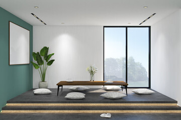 3d rendering illustration of dining space interior of japanese style. Empty room with table, plant and frame mock up. Cement texture tile floor stage, white fluted and white ceiling. Set 11